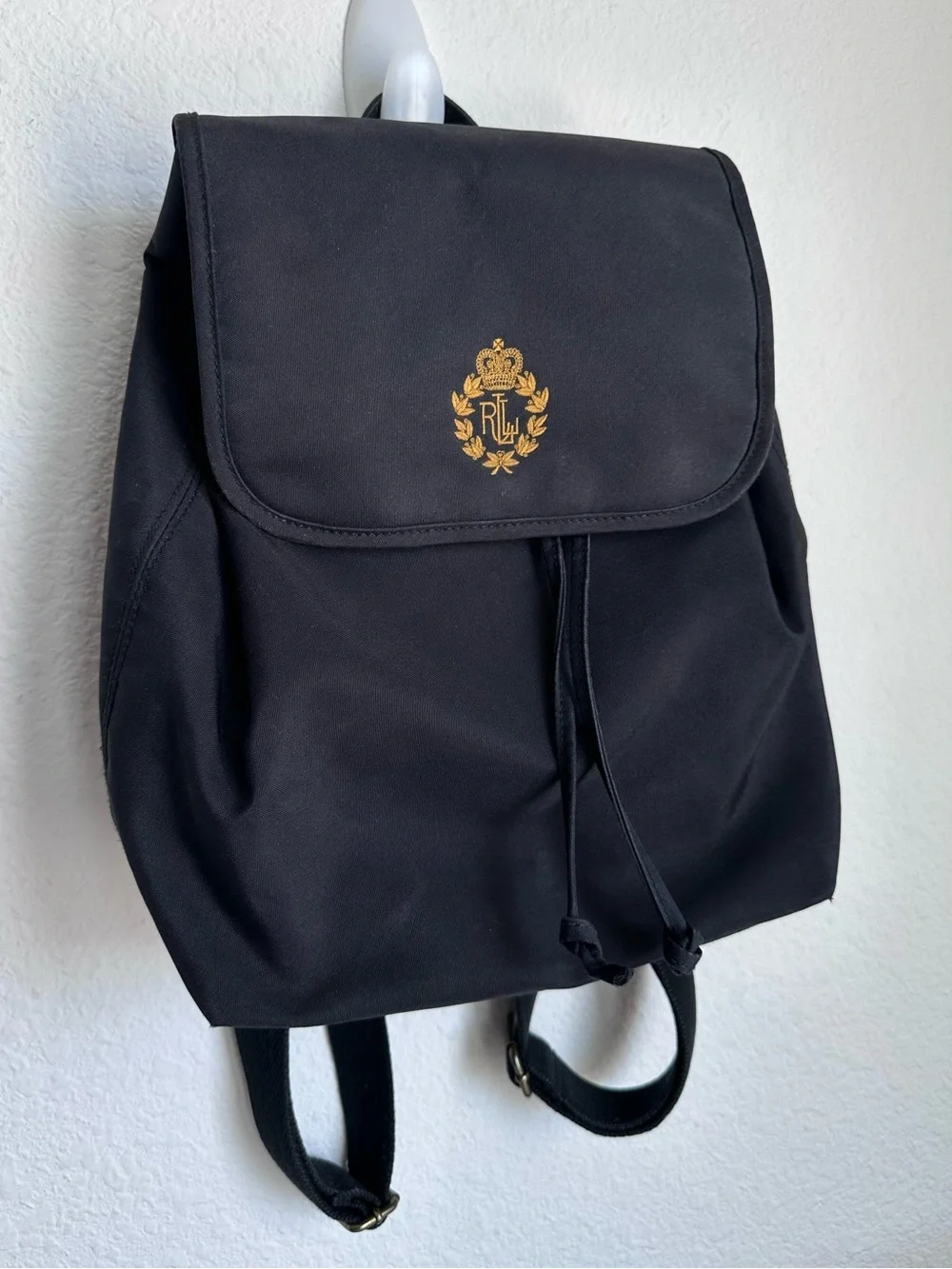 Ralph Lauren Black Vintage Backpack Gold Embroidered Crest Logo